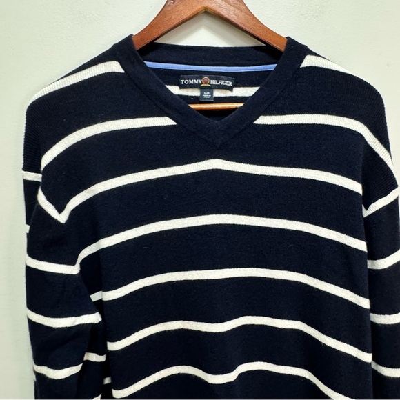 Tommy Hilfiger Blue Striped Wool Cashmere Angora Rabbit Hair Vneck Sweater Large - Picture 3 of 11